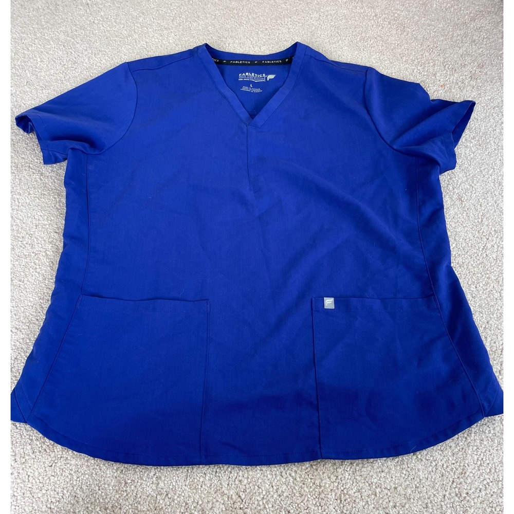 Fabletics Women Royal Blue V-Neck Scrub Top Short Sleeve Pockets Size L